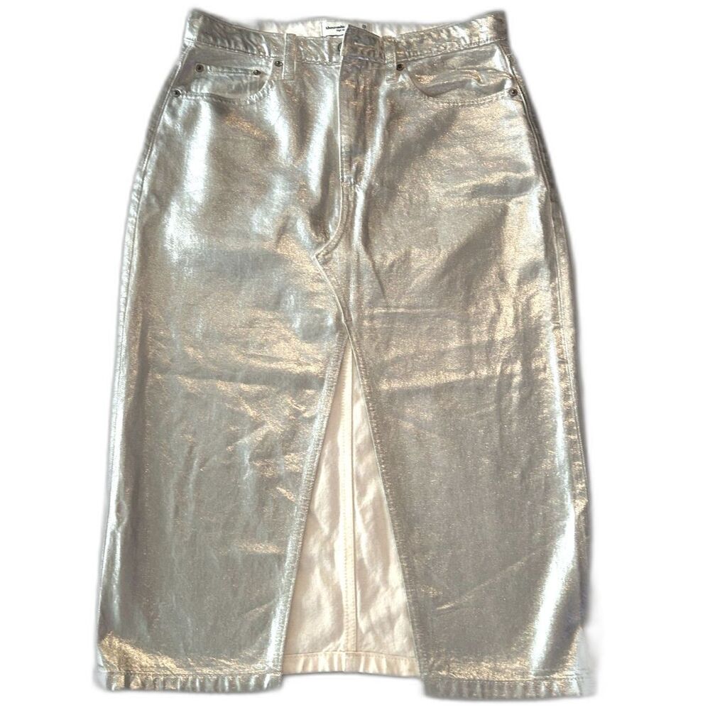 Abercrombie & Fitch Silver Metallic Denim Midi Skirt